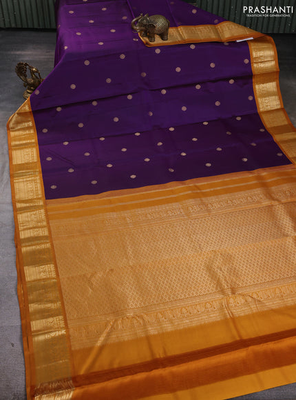 Pure kanchipuram silk saree purple and dark mustard with zari woven buttas and zari woven korvai border