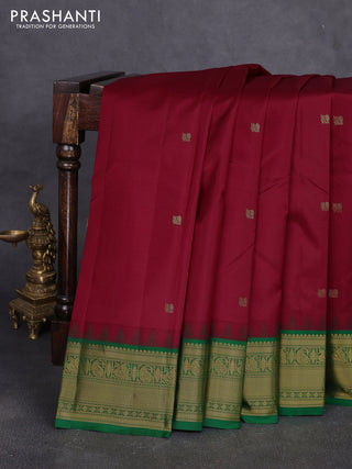 Pure kanchipuram silk saree maroon and green with annam zari woven buttas and temple design zari woven border