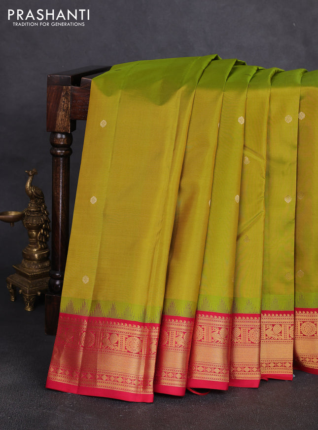 Pure kanchipuram silk saree lime green and red with zari woven buttas and temple design zari woven border