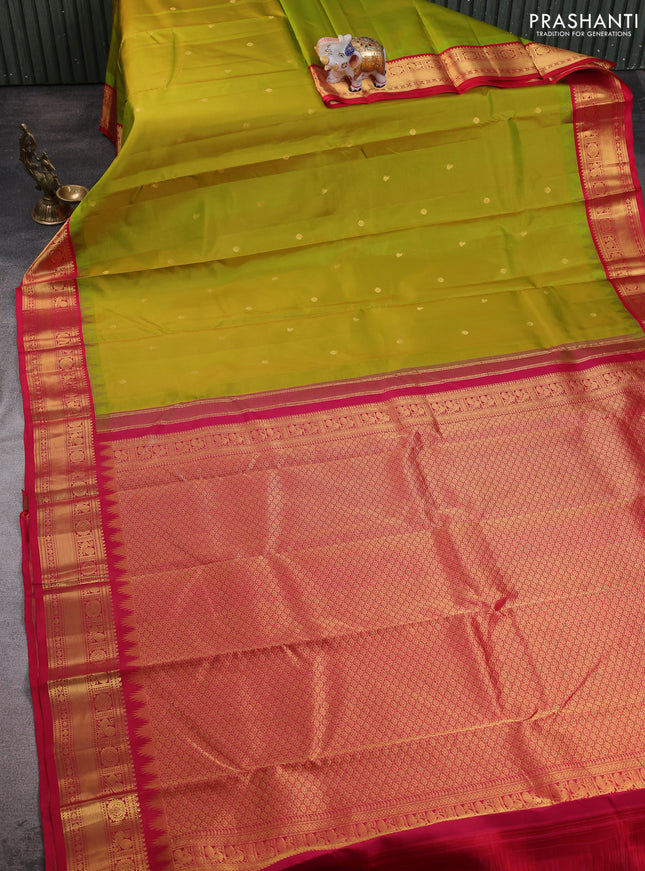 Pure kanchipuram silk saree lime green and red with zari woven buttas and temple design zari woven border