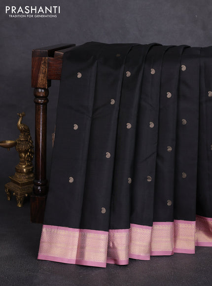 Pure kanchipuram silk saree black and mauve pink with allover paisely zari woven buttas and zari woven korvai border