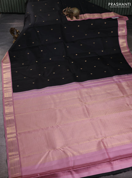 Pure kanchipuram silk saree black and mauve pink with allover paisely zari woven buttas and zari woven korvai border