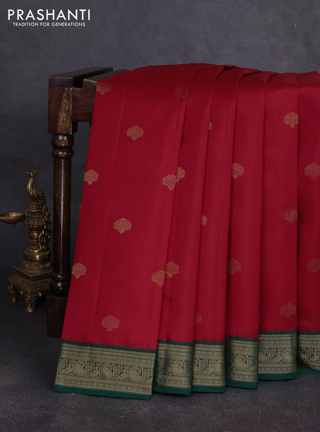 Pure kanchipuram silk saree red and green with zari woven buttas and zari woven korvai border
