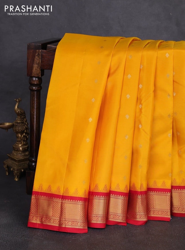 Pure kanchipuram silk saree mango yellow and red with zari woven buttas and temple design zari woven border