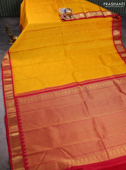 Pure kanchipuram silk saree mango yellow and red with zari woven buttas and temple design zari woven border