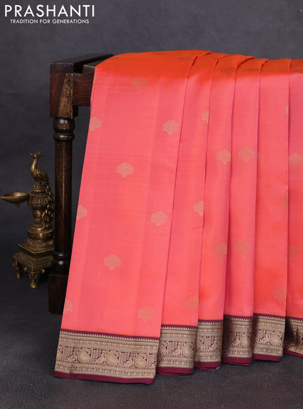 Pure kanchipuram silk saree orange and deep wine with zari woven buttas and zari woven korvai border