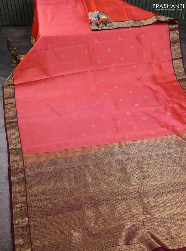 Pure kanchipuram silk saree orange and deep wine with zari woven buttas and zari woven korvai border