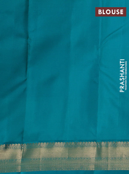 Pure kanchipuram silk saree red and teal blue with allover zari stripe pattern & buttas and zari woven korvai border