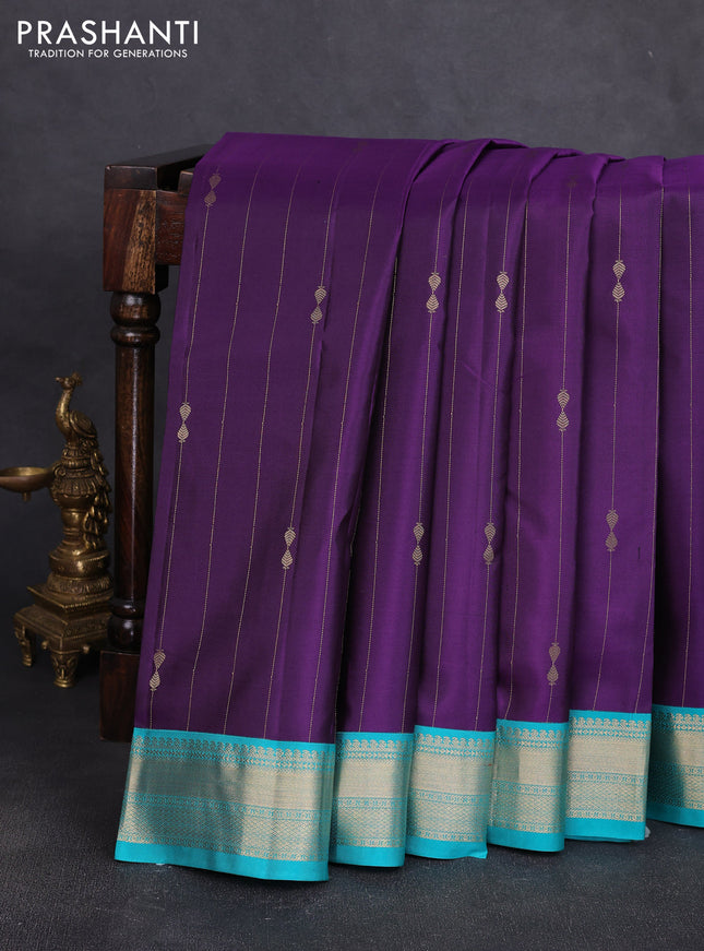 Pure kanchipuram silk saree violet and teal blue with allover zari stripe pattern & buttas and zari woven korvai border