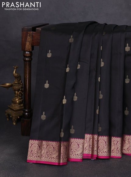 Pure kanchipuram silk saree black and dark pink with allover zari woven buttas and zari woven korvai border