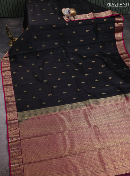Pure kanchipuram silk saree black and dark pink with allover zari woven buttas and zari woven korvai border