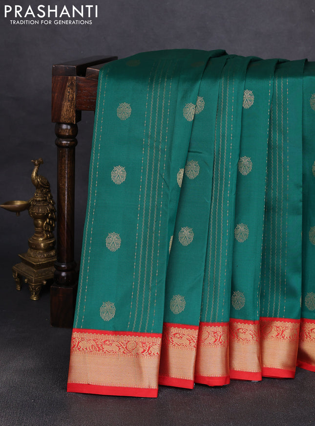 Pure kanchipuram silk saree bottle green and red with allover zari stripe pattern & buttas and zari woven korvai border