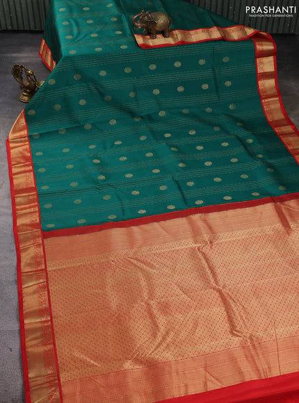 Pure kanchipuram silk saree bottle green and red with allover zari stripe pattern & buttas and zari woven korvai border
