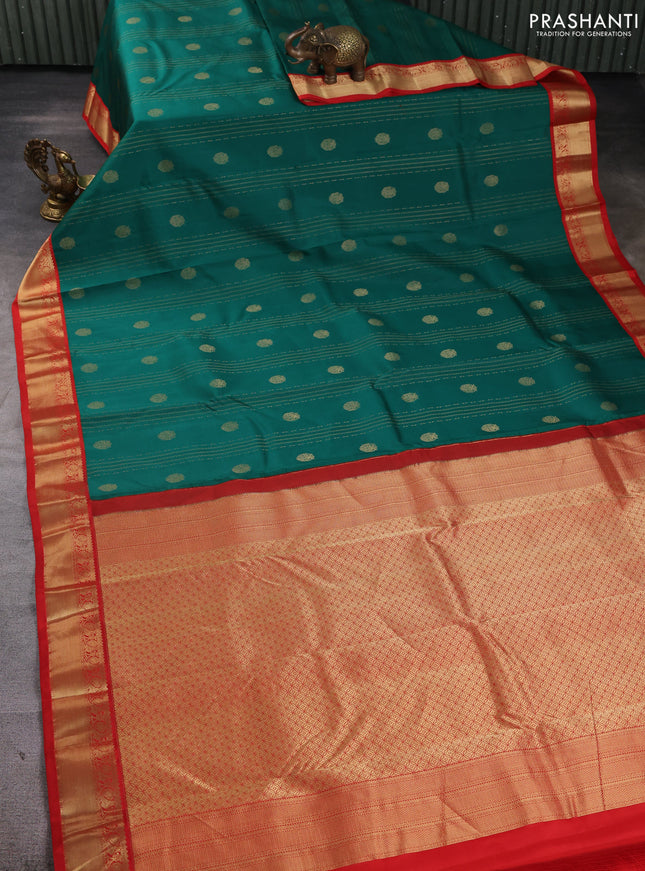 Pure kanchipuram silk saree bottle green and red with allover zari stripe pattern & buttas and zari woven korvai border