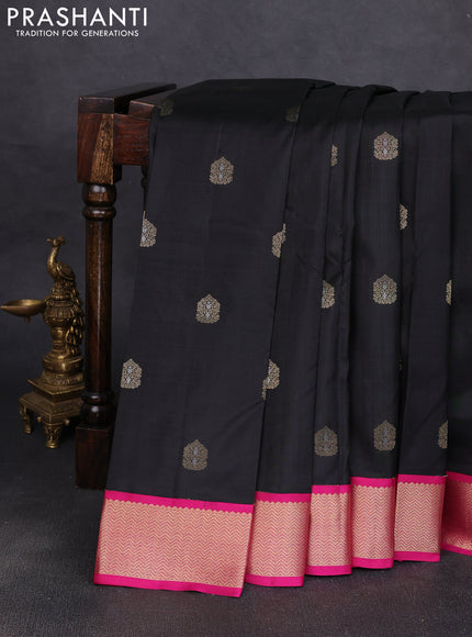 Pure kanchipuram silk saree black and dark pink with allover zari woven buttas and zari woven korvai border