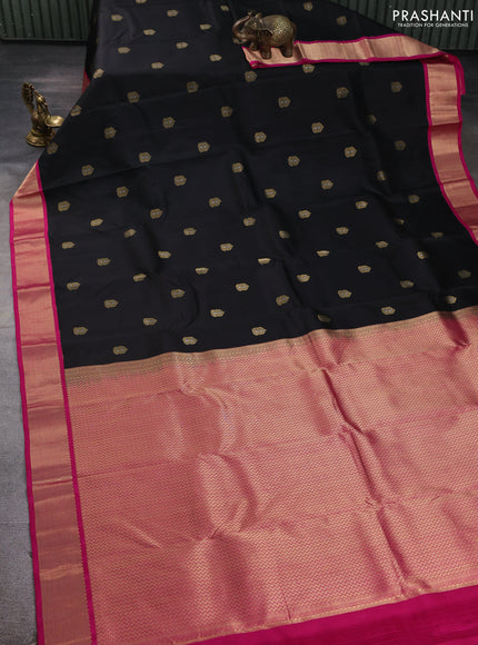 Pure kanchipuram silk saree black and dark pink with allover zari woven buttas and zari woven korvai border