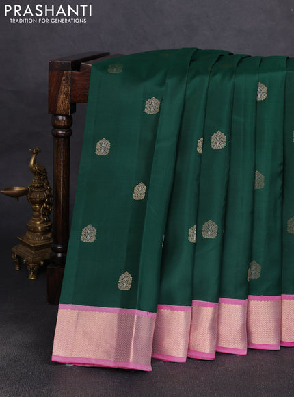 Pure kanchipuram silk saree bottle green and pink with allover zari woven buttas and zari woven korvai border