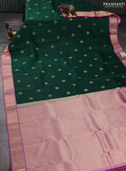 Pure kanchipuram silk saree bottle green and pink with allover zari woven buttas and zari woven korvai border