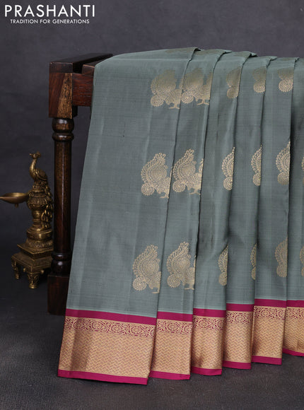 Pure kanchipuram silk saree gryish green and magenta pink with annam zari woven buttas and zari woven korvai border
