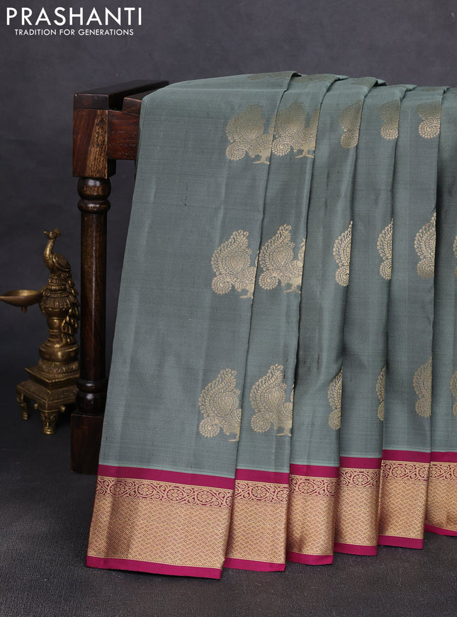 Pure kanchipuram silk saree gryish green and magenta pink with annam zari woven buttas and zari woven korvai border