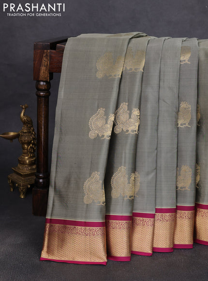 Pure kanchipuram silk saree grey and magenta pink with annam zari woven buttas and zari woven korvai border