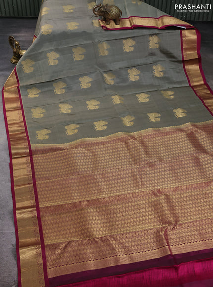 Pure kanchipuram silk saree grey and magenta pink with annam zari woven buttas and zari woven korvai border