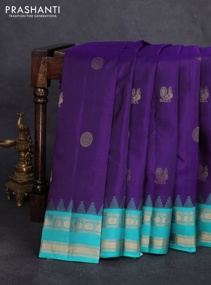 Pure kanchipuram silk saree violet and teal green with zari woven buttas and temple design rettapet zari woven korvai border