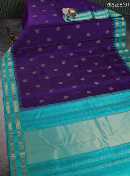 Pure kanchipuram silk saree violet and teal green with zari woven buttas and temple design rettapet zari woven korvai border
