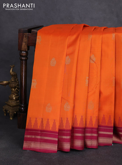 Pure kanchipuram silk saree sunset orange and wine shade with zari woven buttas and temple design rettapet zari woven korvai border