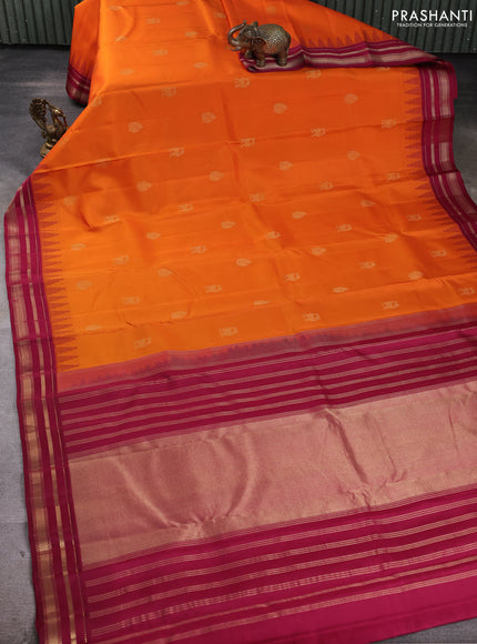 Pure kanchipuram silk saree sunset orange and wine shade with zari woven buttas and temple design rettapet zari woven korvai border