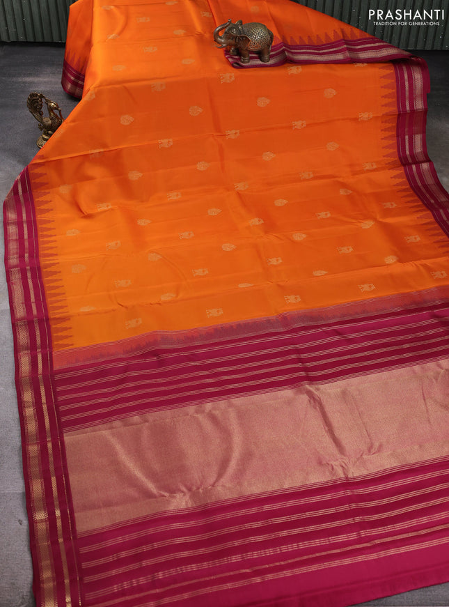 Pure kanchipuram silk saree sunset orange and wine shade with zari woven buttas and temple design rettapet zari woven korvai border