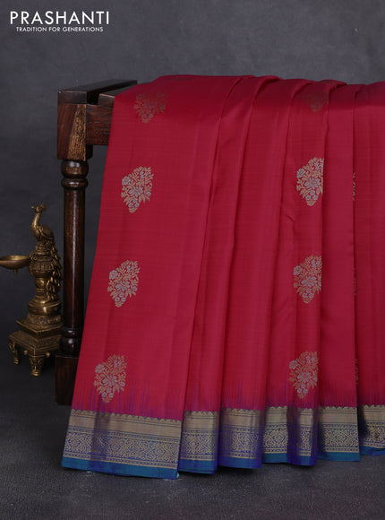 Pure kanchipuram silk saree tomato pink and teal green with allover silver & zari woven buttas and zari woven korvai border