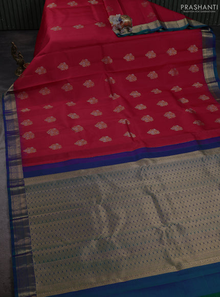 Pure kanchipuram silk saree tomato pink and teal green with allover silver & zari woven buttas and zari woven korvai border
