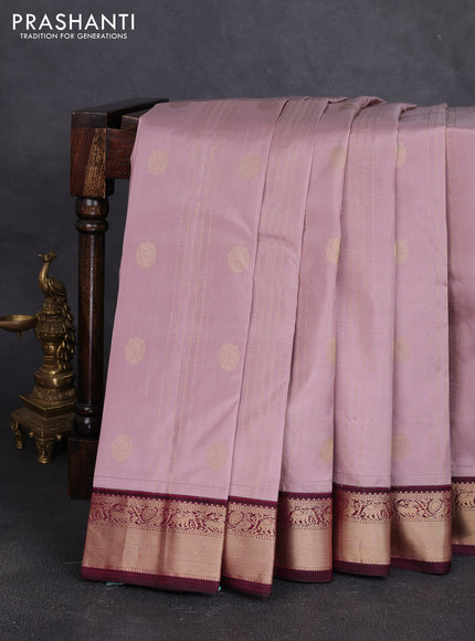 Pure kanchipuram silk saree rosy brown and deep wine with allover zari stripe pattern & buttas and zari woven korvai border