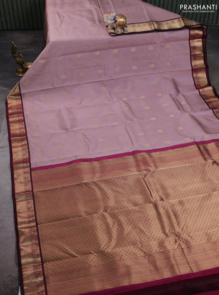 Pure kanchipuram silk saree rosy brown and deep wine with allover zari stripe pattern & buttas and zari woven korvai border