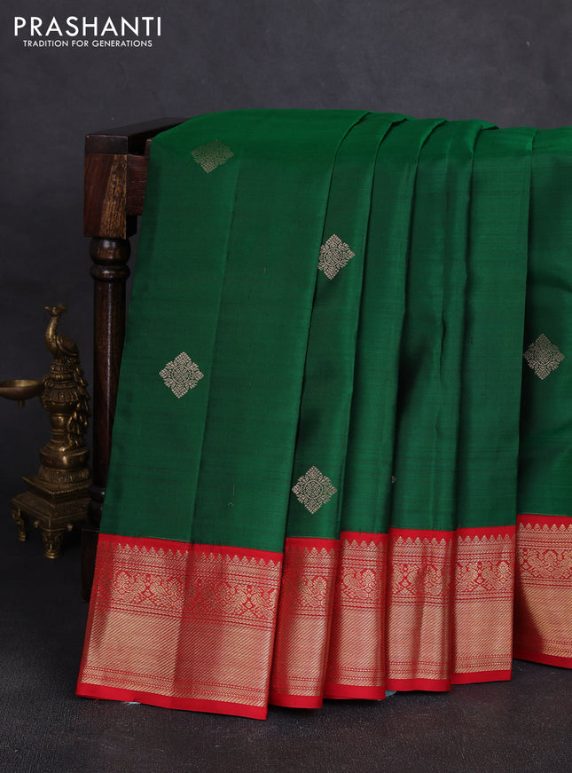 Pure kanchipuram silk saree green and red with zari woven buttas and zari woven korvai border
