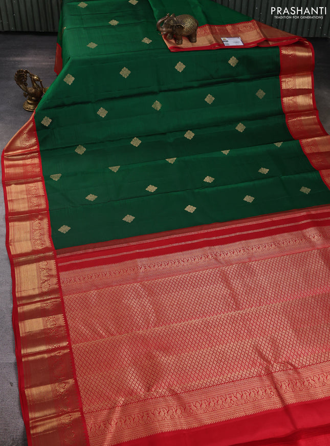 Pure kanchipuram silk saree green and red with zari woven buttas and zari woven korvai border