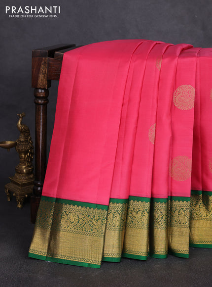 Pure kanchipuram silk saree peach pink and green with rudraksha zari woven buttas and zari woven korvai border