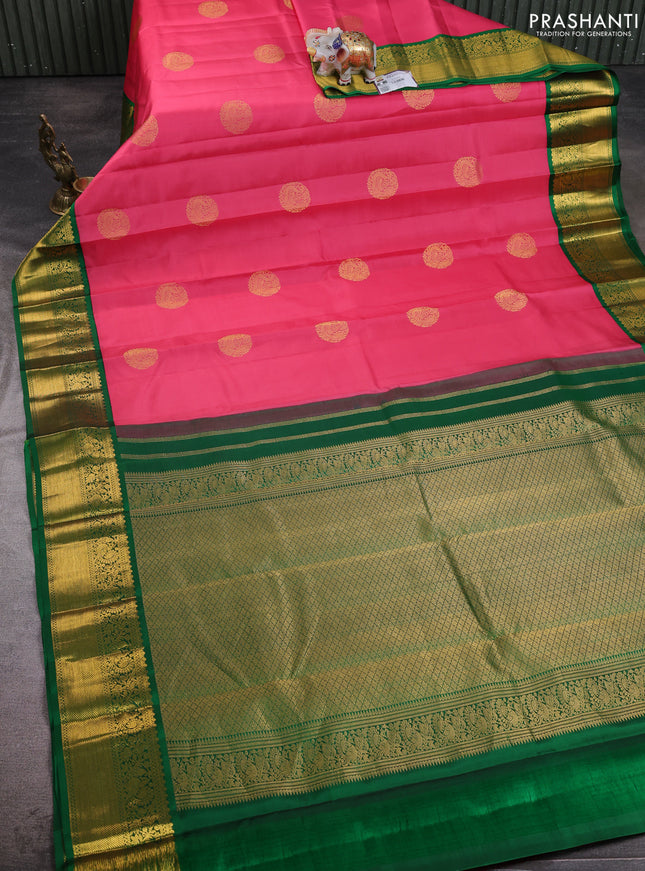 Pure kanchipuram silk saree peach pink and green with rudraksha zari woven buttas and zari woven korvai border