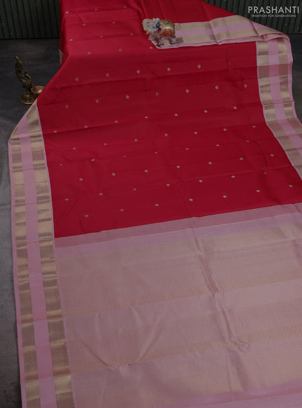 Pure kanchipuram silk saree red and pastel pink with zari woven buttas and rettapet zari woven korvai border