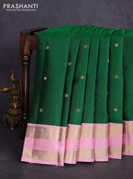 Pure kanchipuram silk saree green and pastel pink with zari woven buttas and rettapet zari woven korvai border