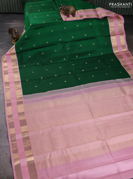 Pure kanchipuram silk saree green and pastel pink with zari woven buttas and rettapet zari woven korvai border