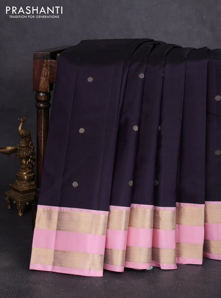Pure kanchipuram silk saree deep jamun shade and pastel pink with zari woven buttas and rettapet zari woven korvai border