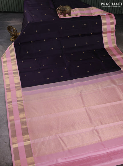 Pure kanchipuram silk saree deep jamun shade and pastel pink with zari woven buttas and rettapet zari woven korvai border
