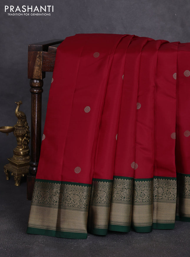Pure kanchipuram silk saree red and bottle green with zari woven buttas and rich zari woven korvai border