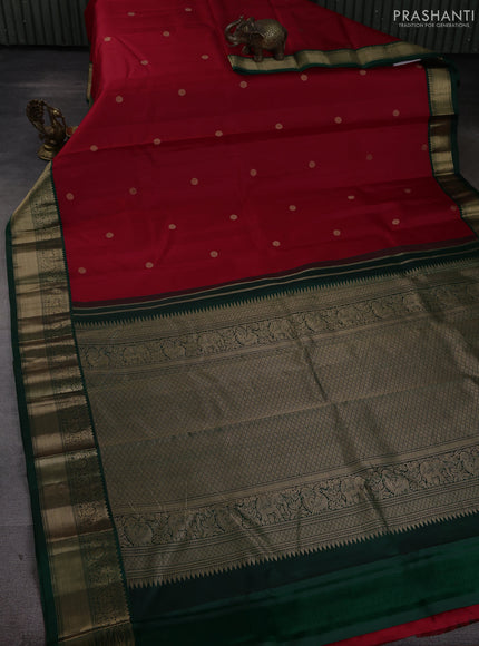 Pure kanchipuram silk saree red and bottle green with zari woven buttas and rich zari woven korvai border