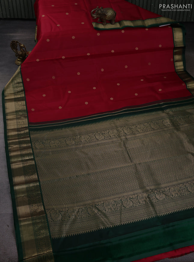 Pure kanchipuram silk saree red and bottle green with zari woven buttas and rich zari woven korvai border