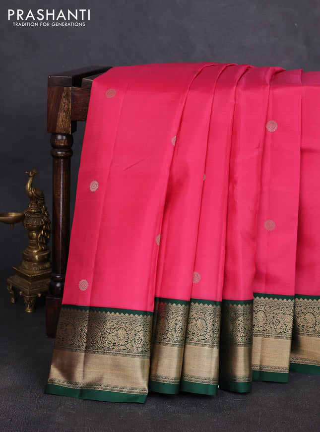 Pure kanchipuram silk saree peach pink and bottle green with zari woven buttas and rich zari woven korvai border