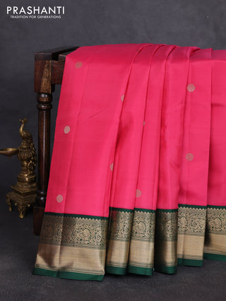 Pure kanchipuram silk saree peach pink and bottle green with zari woven buttas and rich zari woven korvai border