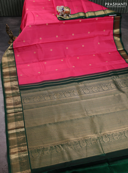 Pure kanchipuram silk saree peach pink and bottle green with zari woven buttas and rich zari woven korvai border